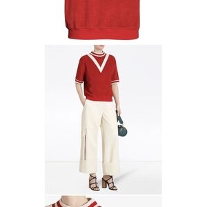 Red V-Neck Short Sleeve Sweater with White Trim